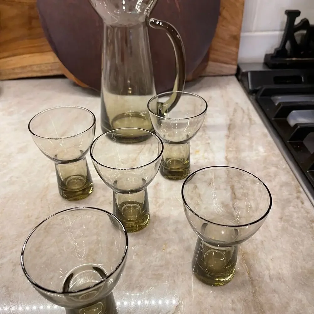 Vtg retro MCM Danish cocktail pitcher +5 martini glasses in a smoky glass